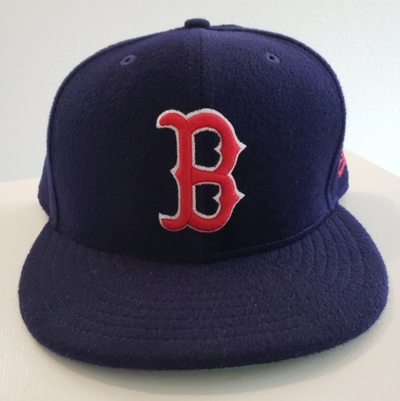 New Era Boston Red Sox 100% Wool Fitted 59fifty Hat Cap Navy Blue Red sz 7 3/4 - Picture 1 of 7